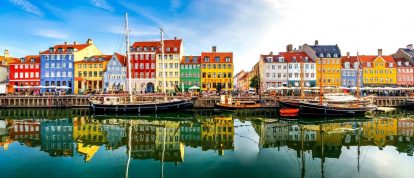 Colourful houses on river in Copenhagen, Denmark