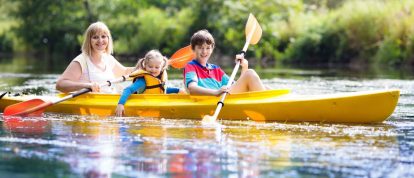 Children having fun canoeing on the river Dordogne