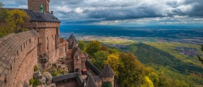 The Chateau du Haut-Kœnigsbourg, a medieval castle in the Vosges mountains, Orschwiller. Campsites in the Bas-Rhin, Alsace, France