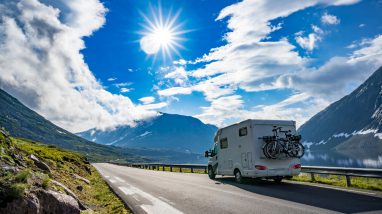 motorhome on road in mountains