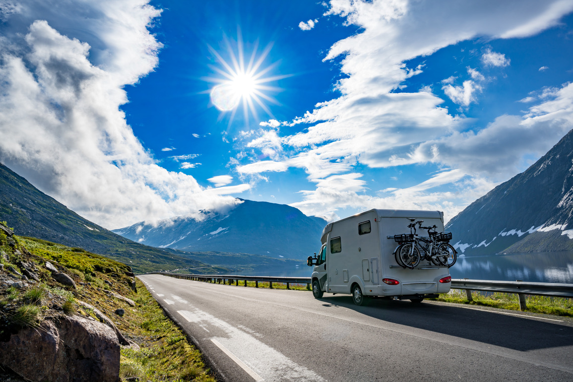 motorhome on road in mountains