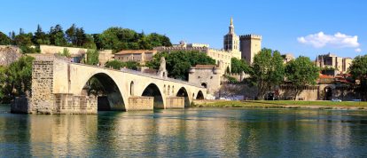 Rivier en brug met daarachter de stad Avignon