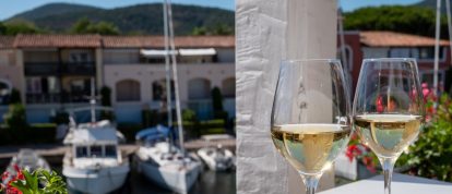 Koude witte wijn in de zomer op een terras in Port Grimaud, Var - Campings in Grimaud