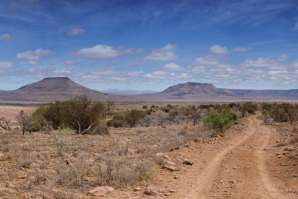 strada desertica con montagne sullo sfondo nel capo orientale sudafricano