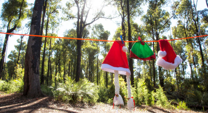 Camping during Christmas - Santa Hats in the woods