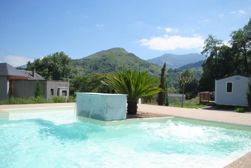 Campsite in Lourdes. Swimming pool overlooking the Pyrenees