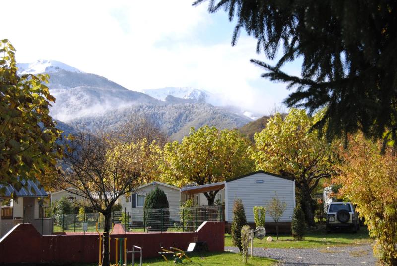 campsite in pyrenees. Static bungalows overlooking the moutnains