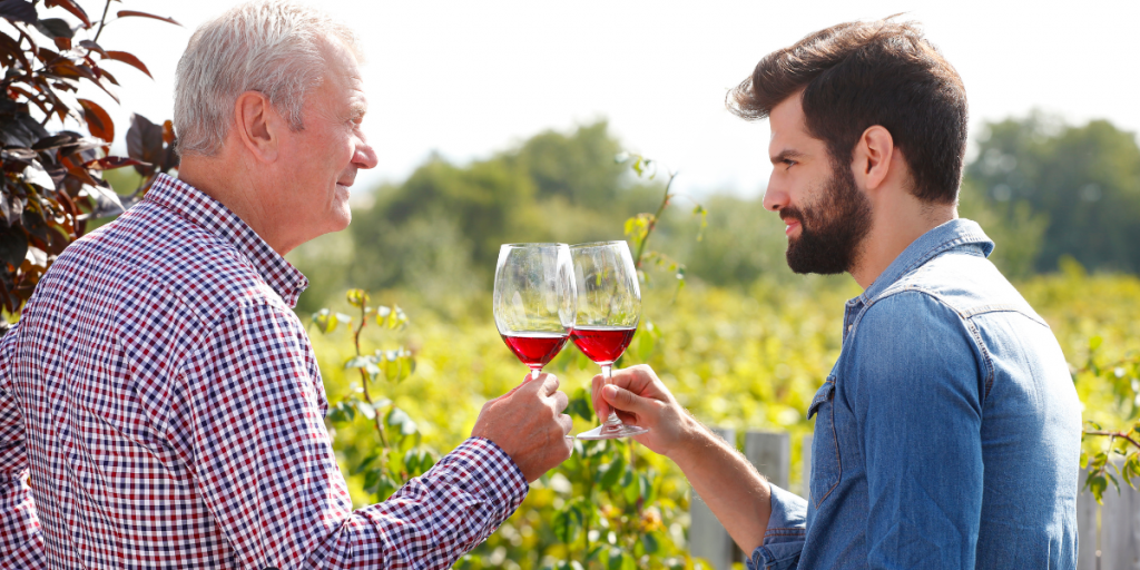 Padre e figlio brindano con il vino in un vigneto per la festa del papà