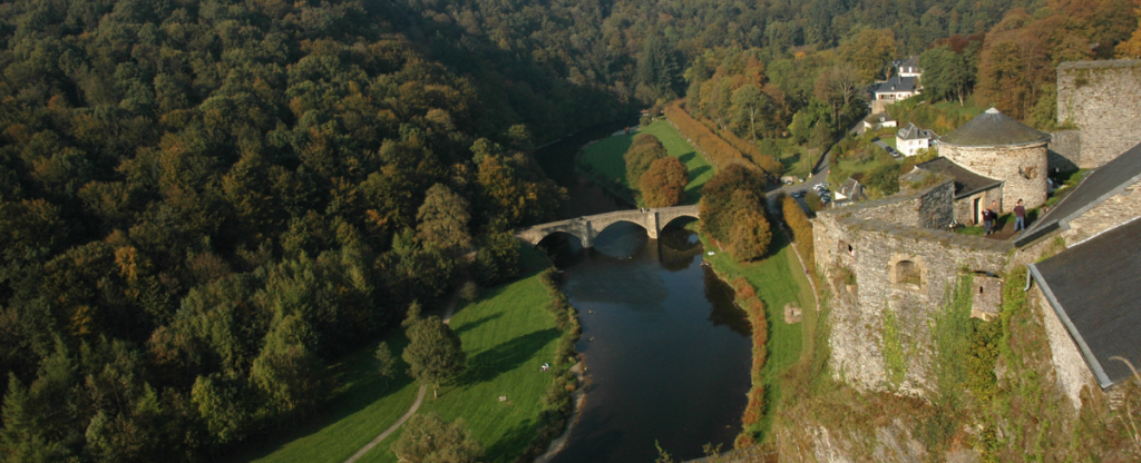 Birdseye view of The Ardennes, Belgium. Castle, lake and forestry