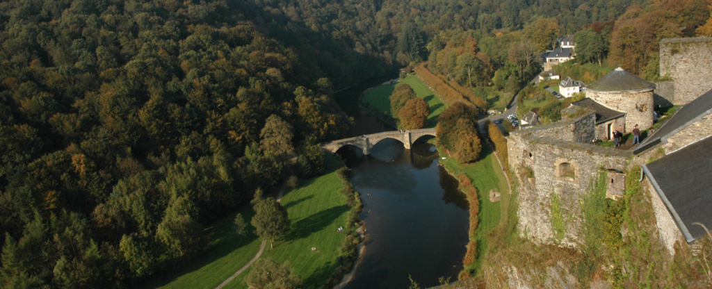 Birdseye view of The Ardennes, Belgium. Castle, lake and forestry 