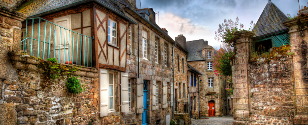 Old cobbled streets of and stone buildings in Brittany