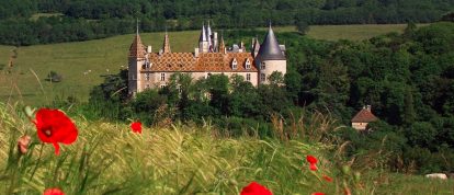 Schönes mittelalterliches Schloss Rochepot im Sommer mit Mohnblumen im Vordergrund - Campingplätze in Beaune