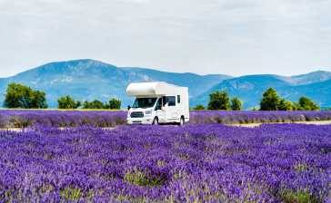 Wohnmobil in einem Lavendelfeld, im Hintergrund Berglandschaft