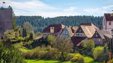Grüne Landschaft im Schwarzwald, Deutschland mit Fachwerkhäusern und Burg im Hintergrund