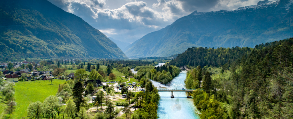Soča Valley, Slovenia. Landscape view of forests and mountains.