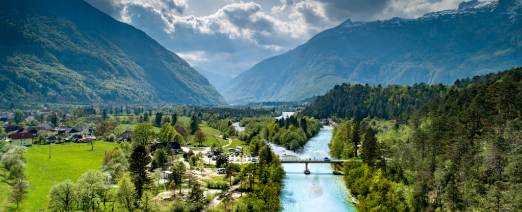 Soča Valley, Slovenia. Landscape view of forests and mountains. 