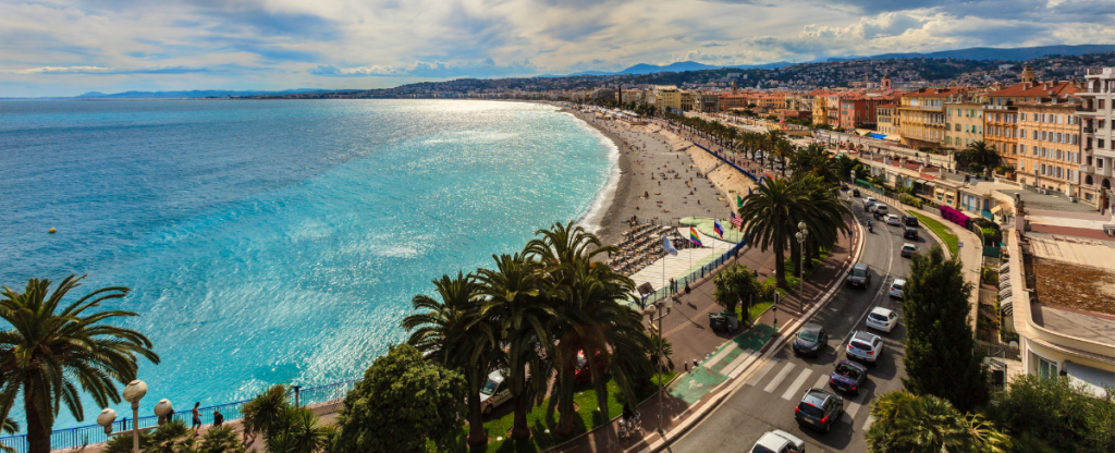 Birdside view of beach and town in Nice, France 