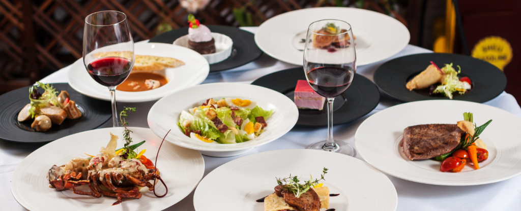 French cuisine and red wine at a traditional french bistro