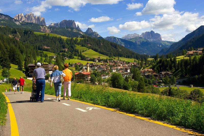 Walking trail on Catinaccio campsite, Rosengarten Massif, Italy 