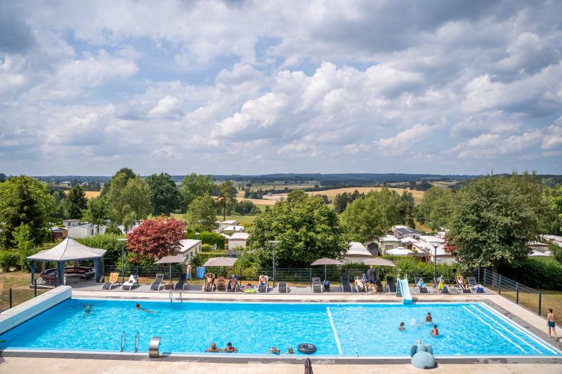 Swimmimg pool and countryside views Hohenbusch campsite Belgian Ardennes